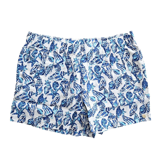 Lilly Pulitzer Lagoon Linen Shorts Womens M Blue White Shells Coastal Beach NEW